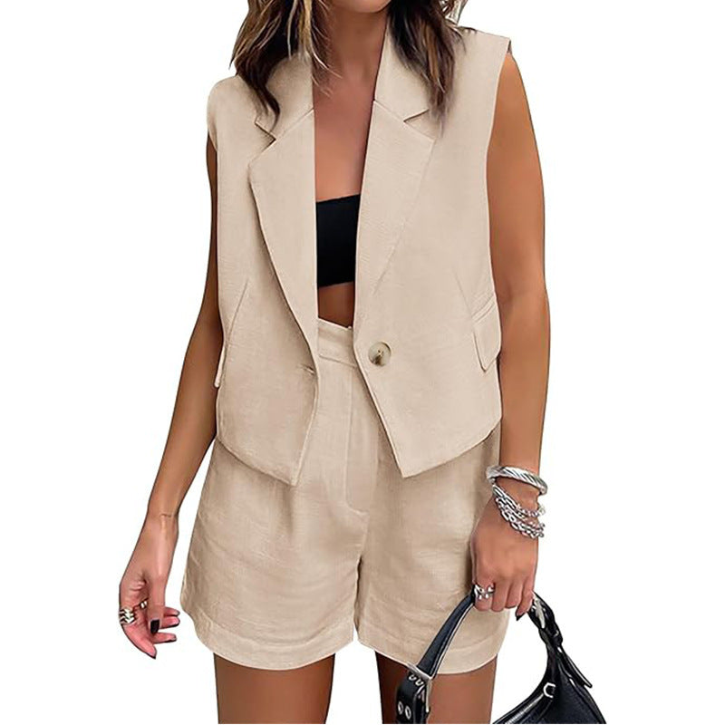 Sleeveless Button Vest High-Waist Shorts Two-Piece Set