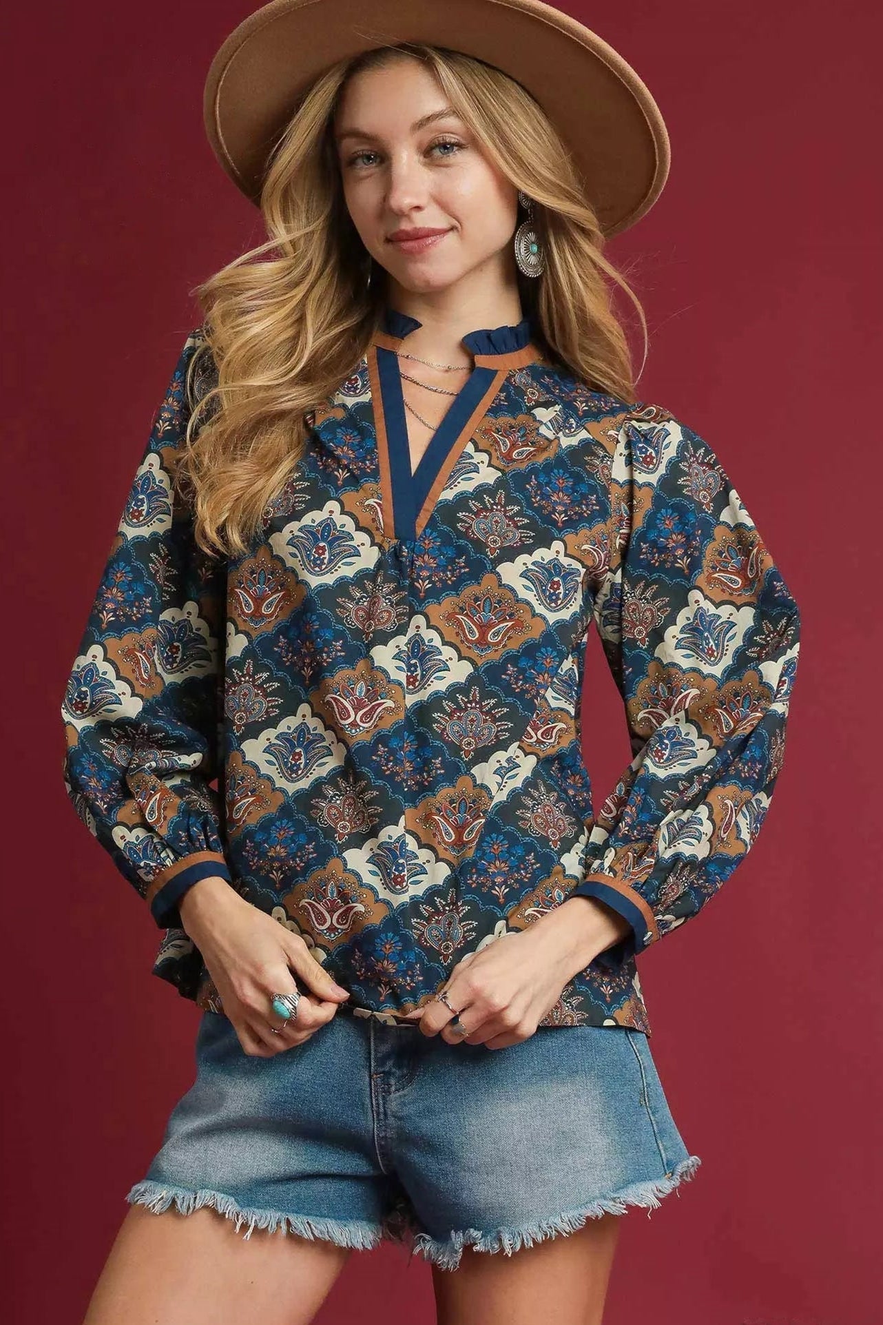 Abstract Print Ruffle Neck Top