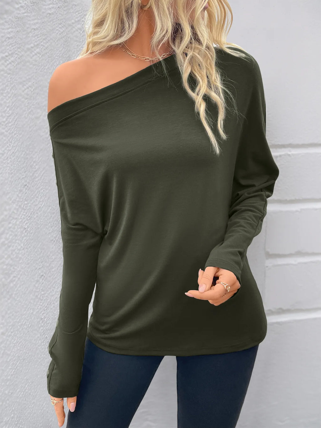 Sarah Express Women's Single Shoulder Long Sleeve T-Shirt Dark Green