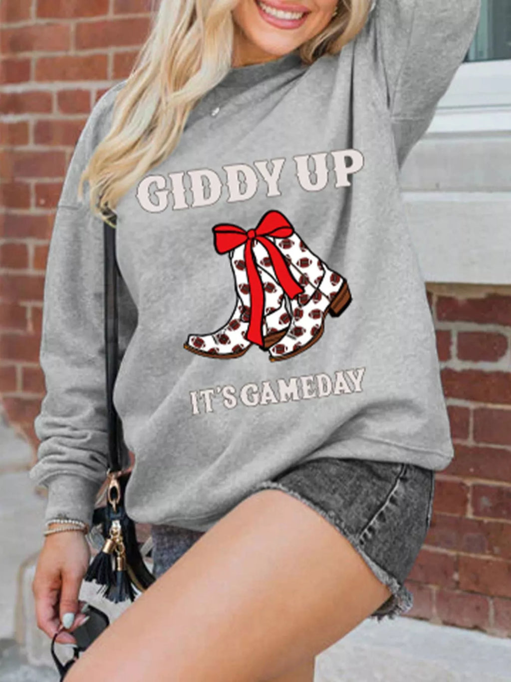 Sarah Express Women's Giddy Up Its Game Day Cowgirl Boots Graphic Sweatshirt
