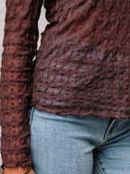 Sarah Express Women's Sheer Mesh Patterned Lettuce Trim Slim Long Sleeve Top