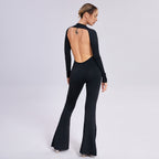 Women's Long Sleeve Open-Back Slim-Fit Straight-Leg Jumpsuit Evening Wear