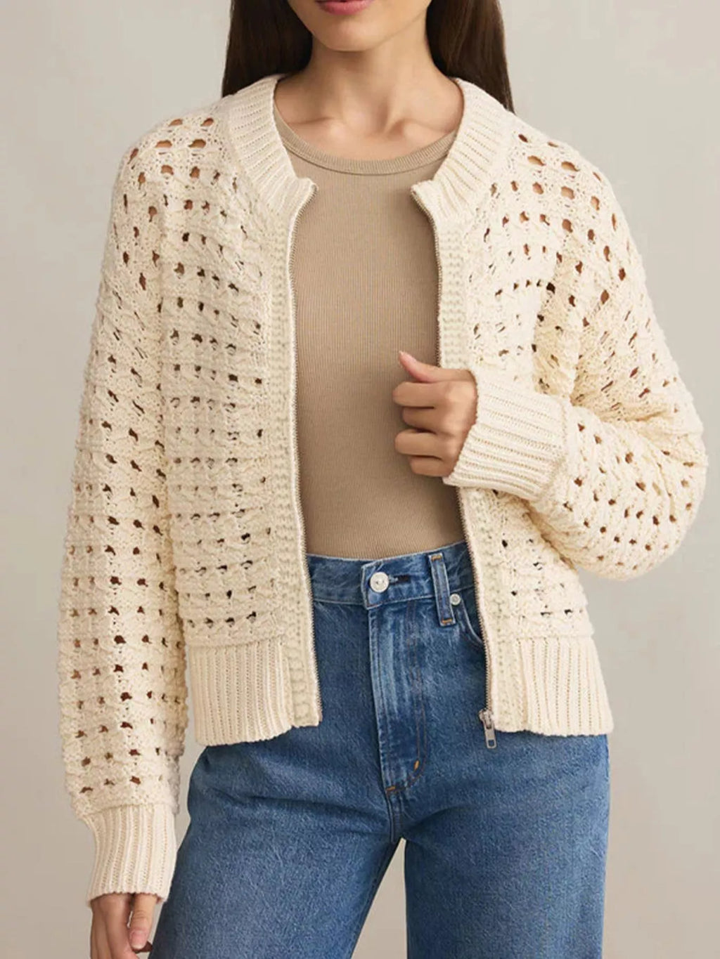 Sarah Express Women's Openwork Zip-Up Cardigan - Beige Acrylic Knit Sweater Beige