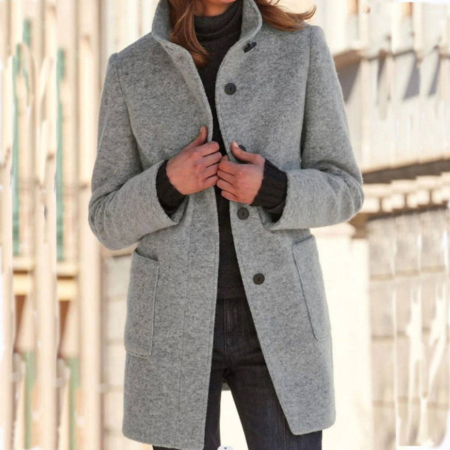 Women's Stand Collar Woolen Coat Button Front Outerwear