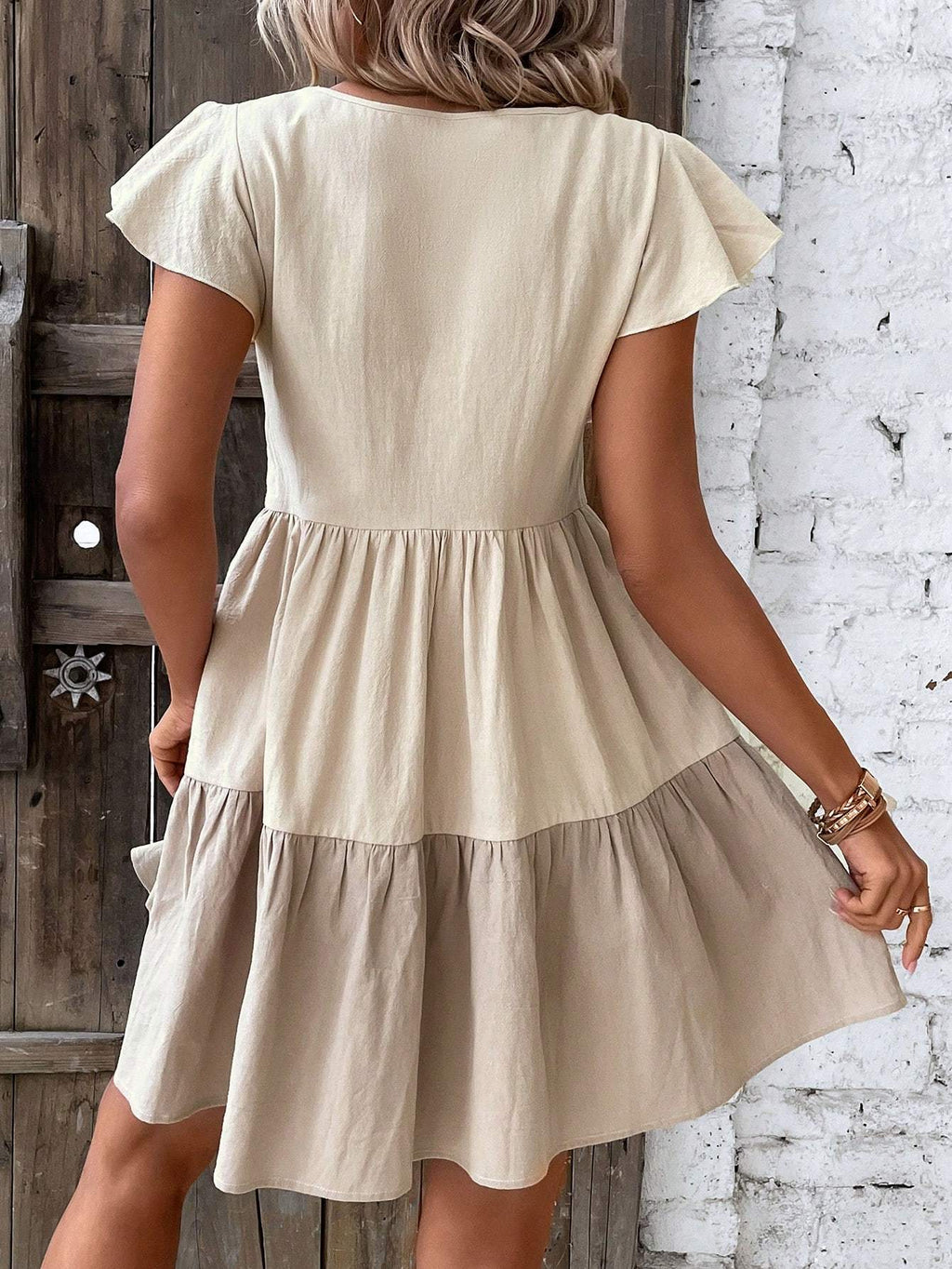 Women's Colorblock Smock Dress Keyhole Neckline Ruffle Hem Short Sleeve A-Line