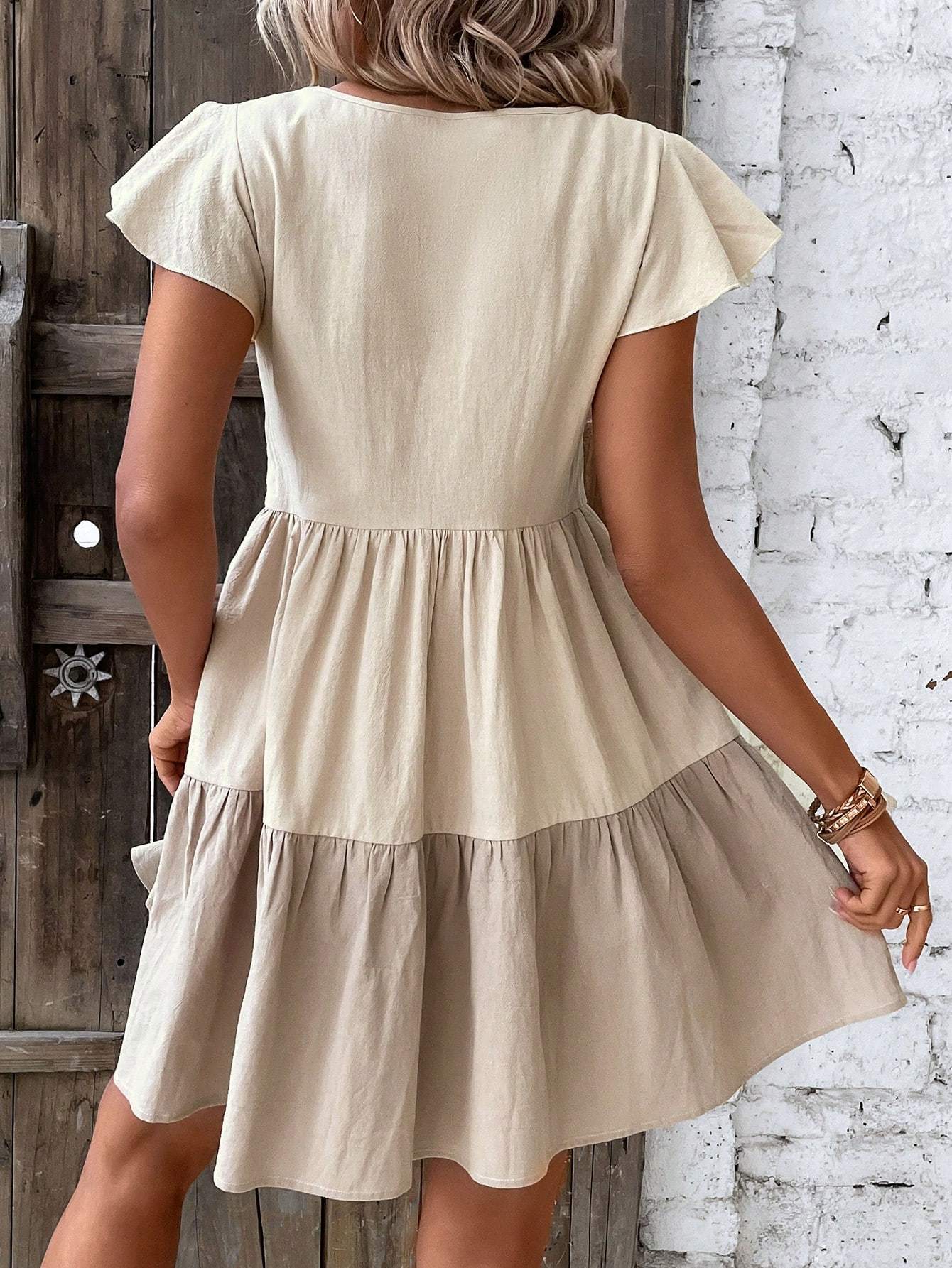 Women's Colorblock Smock Dress Keyhole Neckline Ruffle Hem Short Sleeve A-Line