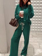 Sarah Express Women's Round Neck Top and Stripe Detail Drawstring Pants Set Dark Green