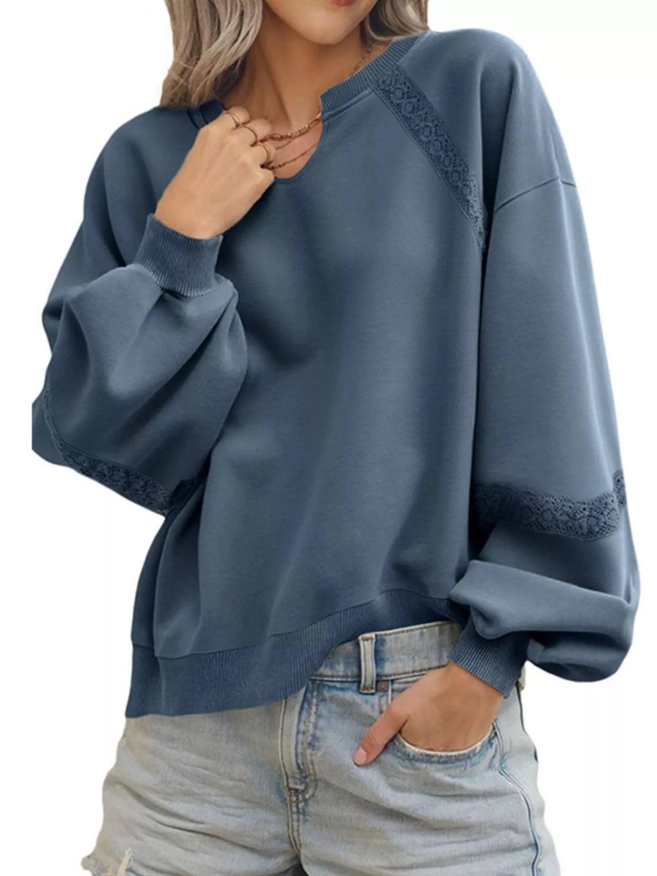 Sarah Express Women's Lace Detail Notched Long Sleeve Sweatshirt - Oversized Casual Pullover Dark Blue