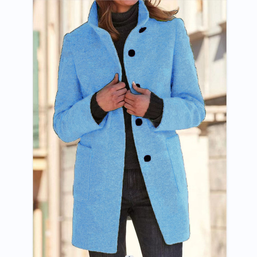 Women's Stand Collar Woolen Coat Button Front Outerwear