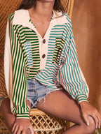 Sarah Express Women's Striped Oversized Half Button Sweatshirt