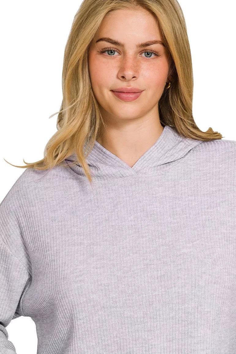 Sarah Express Women’s Ribbed Drop Shoulder Cropped Hoodie Casual