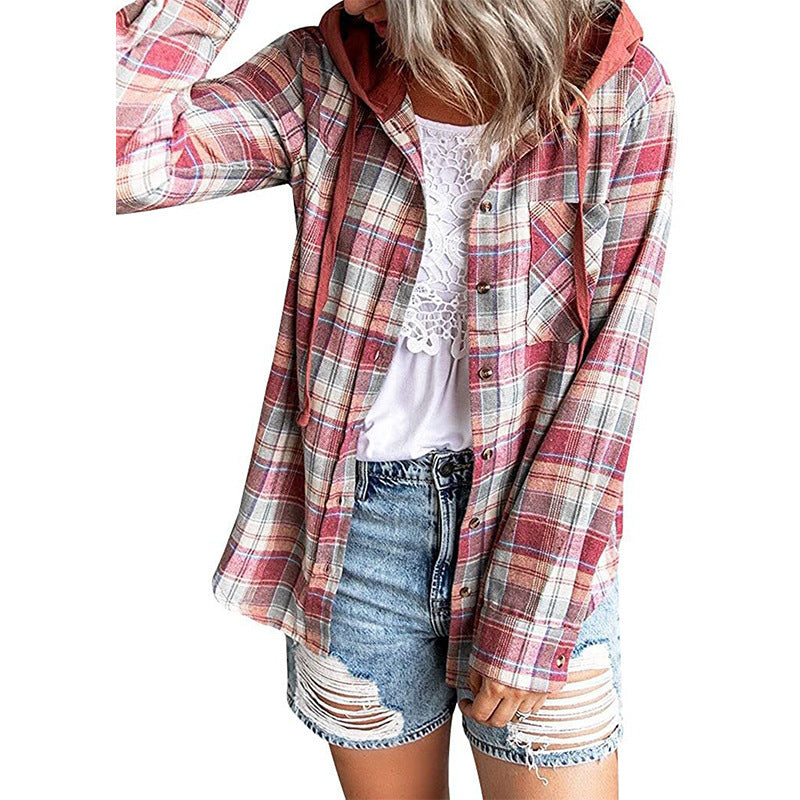 Women's Plaid Hooded Shirt Jacket Casual Loose Fit Pullover Top