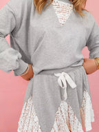 Sarah Express Women's Lace Patchwork Drop Shoulder Top and Drawstring Skort 2pcs Outfit