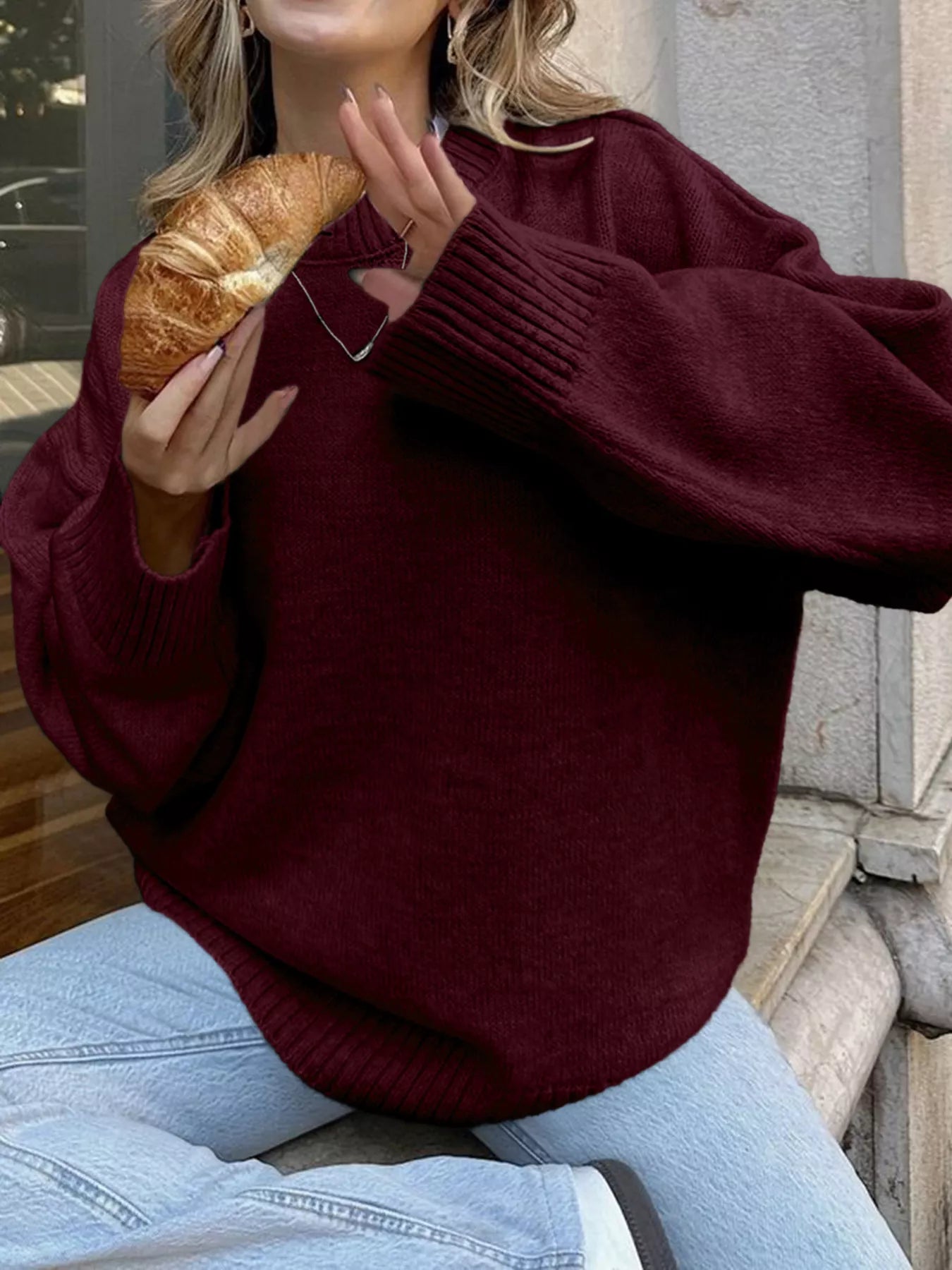 Sarah Express Women's Ribbed Round Neck Dropped Shoulder Sweater Burgundy