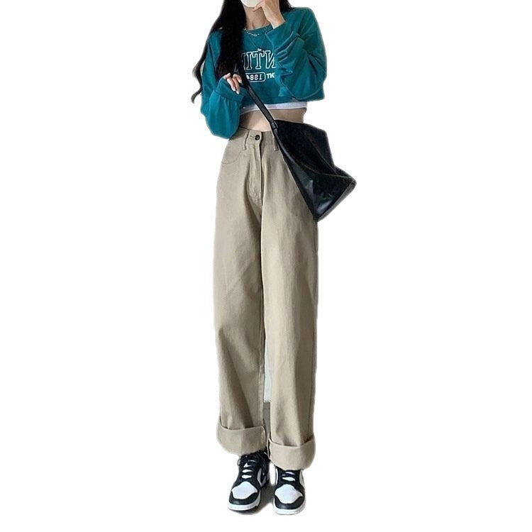 High Waist Wide Leg Jeans for Women Cotton Khaki Retro Straight Pants