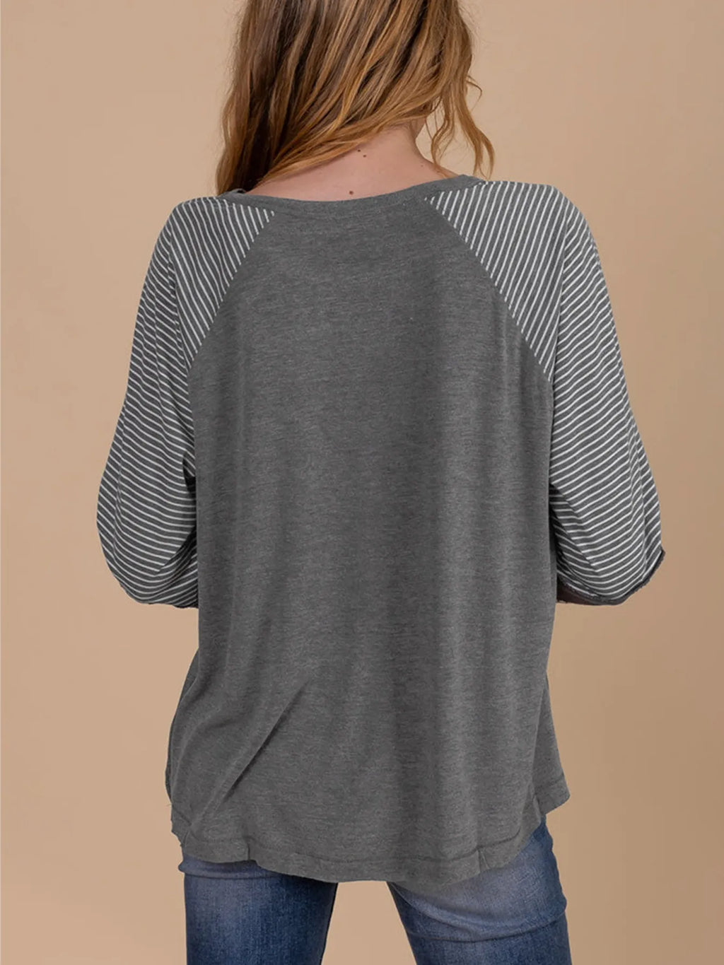 Sarah Express Women's Contrast Print Striped Raglan Long Sleeve Loose Top