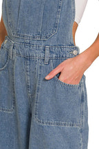 Sarah Express Women's Wide Leg Denim Overalls - Medium Wash Cotton for Casual & Weekend