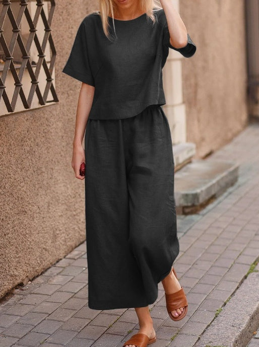 Cotton Linen Two-Piece Set Casual Loose Top Pants Outfit
