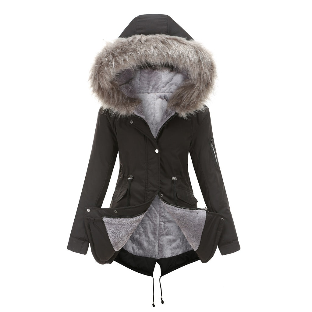 Women's Mid-Length Cotton Padded Hooded Parka Coat Loose Fit Winter Jacket