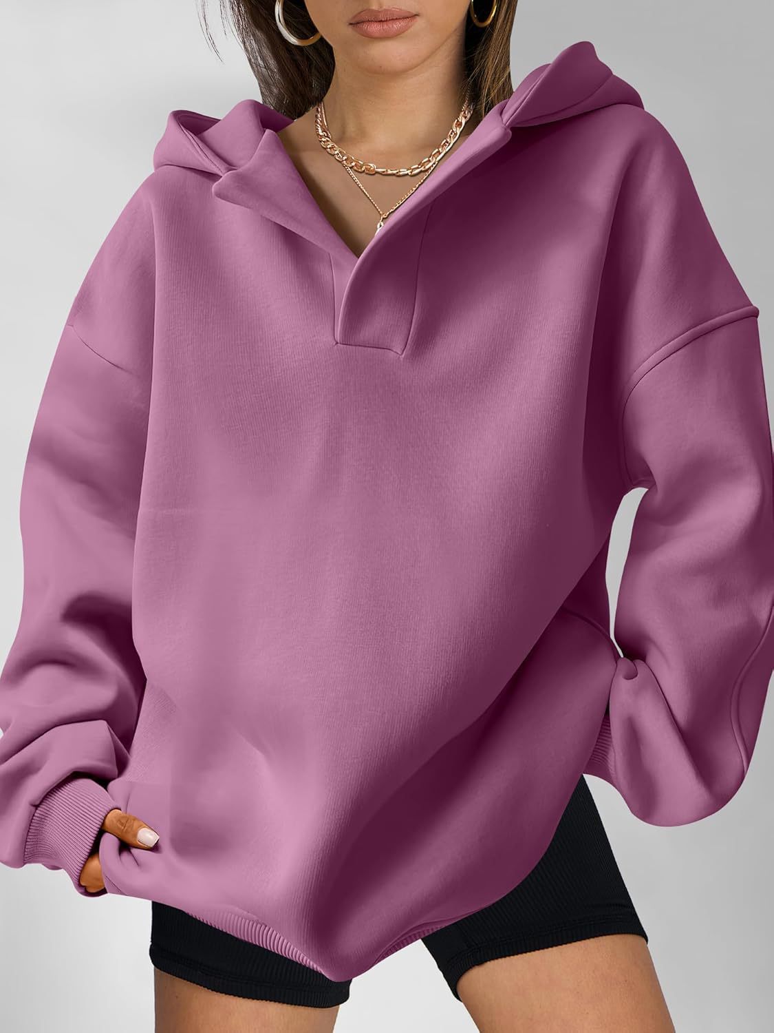 Women's Loose Fit Hoodie Sweatshirt - Solid Color Long Sleeve Pullover Top