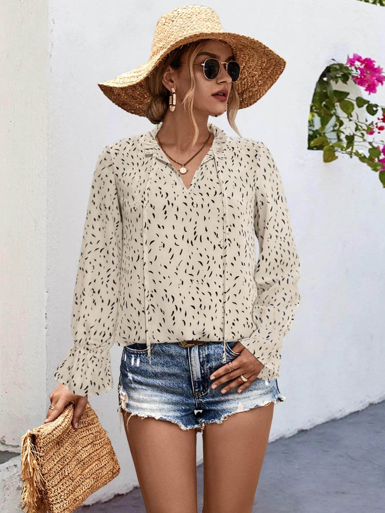 Sarah Express Women's Ruffled Printed Tie Neck Long Sleeve Blouse White