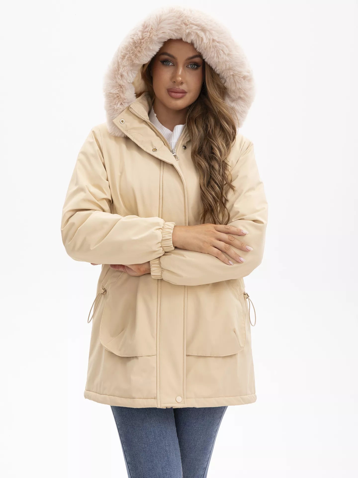 Trendsi Full Size Fur Hooded Warm Winter Parka Outerwear Plus Size Khaki
