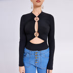 Women's Long Sleeve Fitted Top with Metal Accent Detail