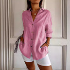 Women's Lapel Long Sleeve Pleated Button Front Shirt Blouse