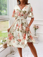 Women's Floral Print Smocked Waist Maxi Dress with Belt A-Line