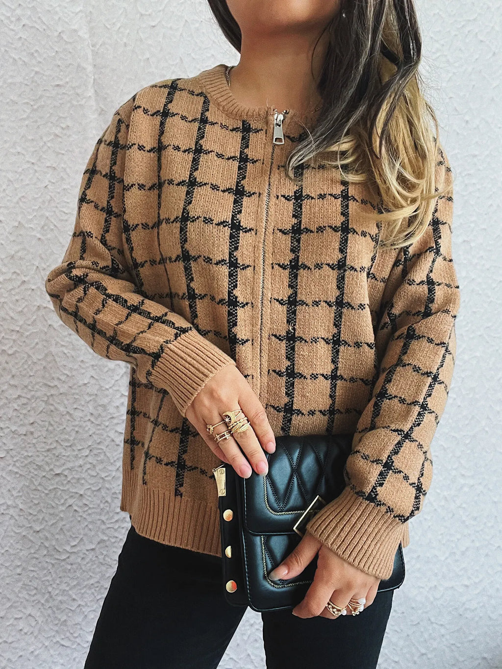 Sarah Express Women's Plaid Pattern Zip Up Cardigan