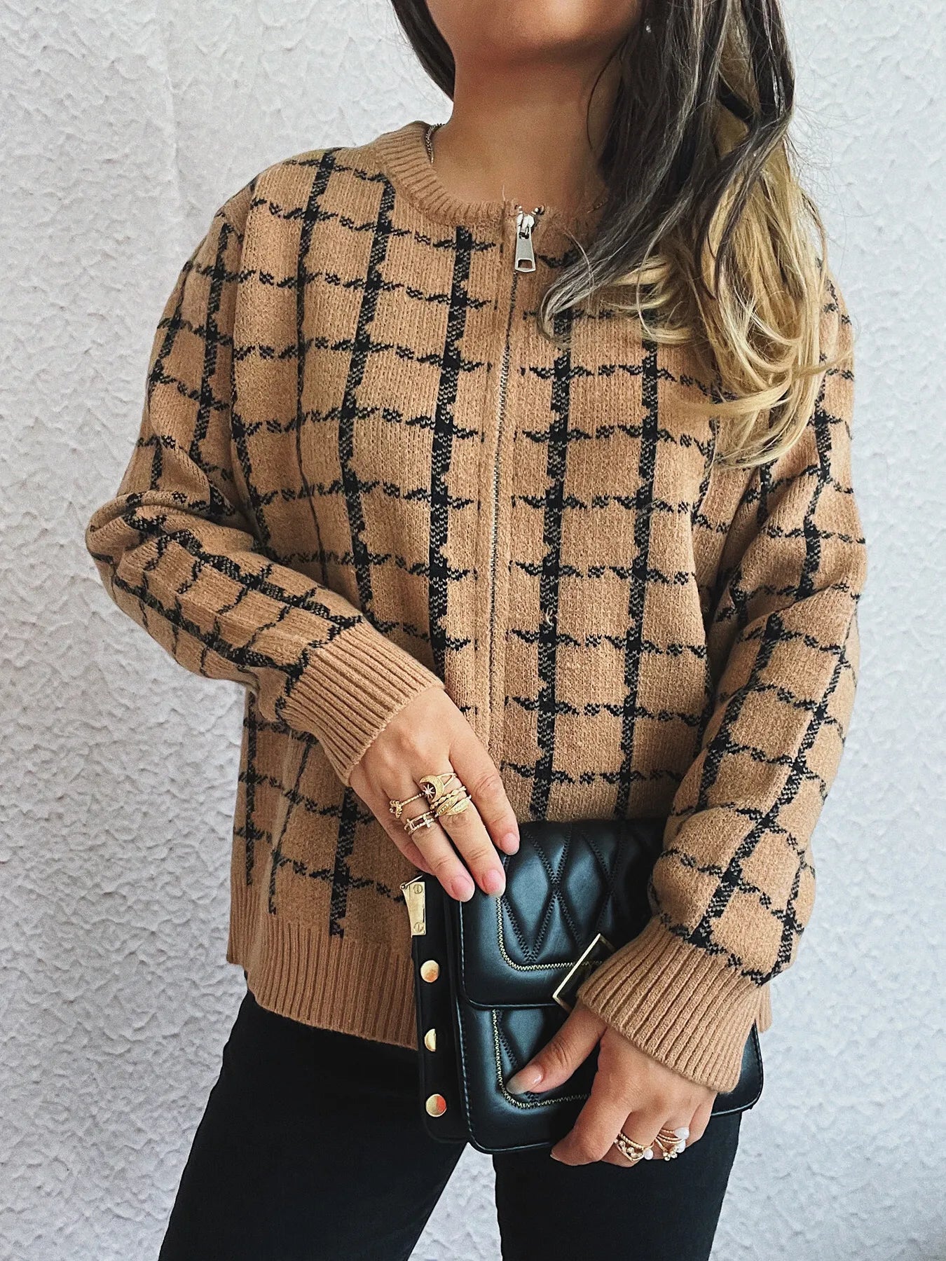 Sarah Express Women's Plaid Pattern Zip Up Cardigan