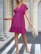 Women's V-Neck Short Sleeve Drawstring Ruffle Babydoll Dress