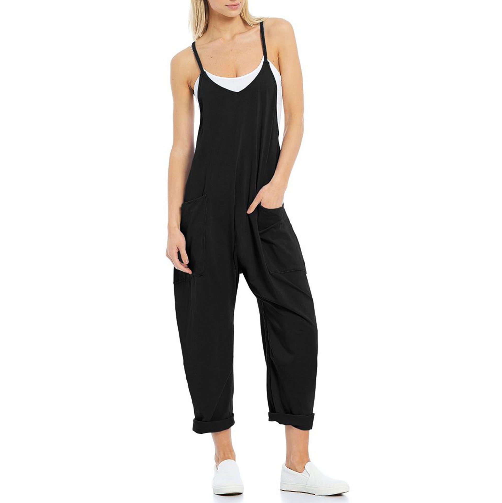 Women's Knitted Spaghetti Strap Jumpsuit - Loose Fit Wide Leg Overalls with Pockets