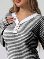 Sarah Express Women's Striped Button Detail Long Sleeve Ribbed Top