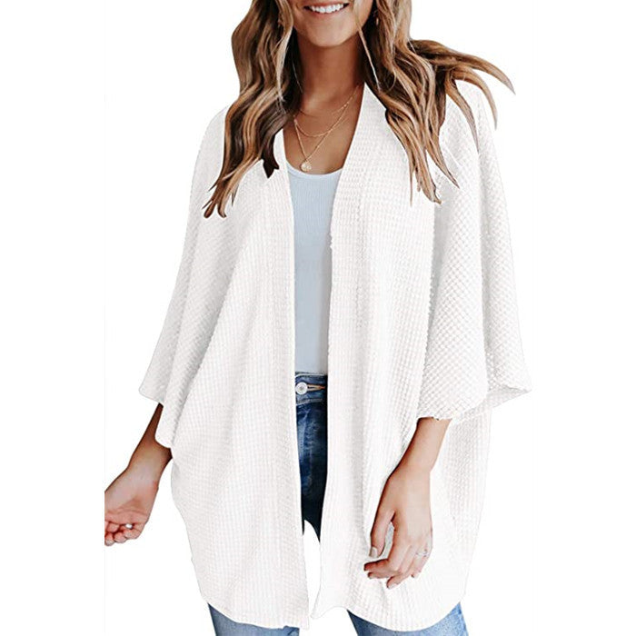 Women's Waffle Knit Bat Sleeve V-Neck Cardigan