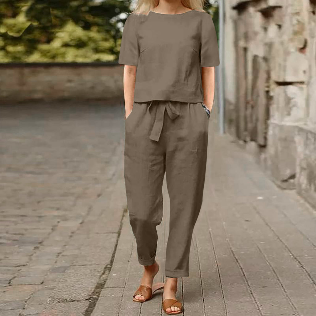 Women's Cotton Linen Top and Wide-Leg Pants Two-Piece Casual Set