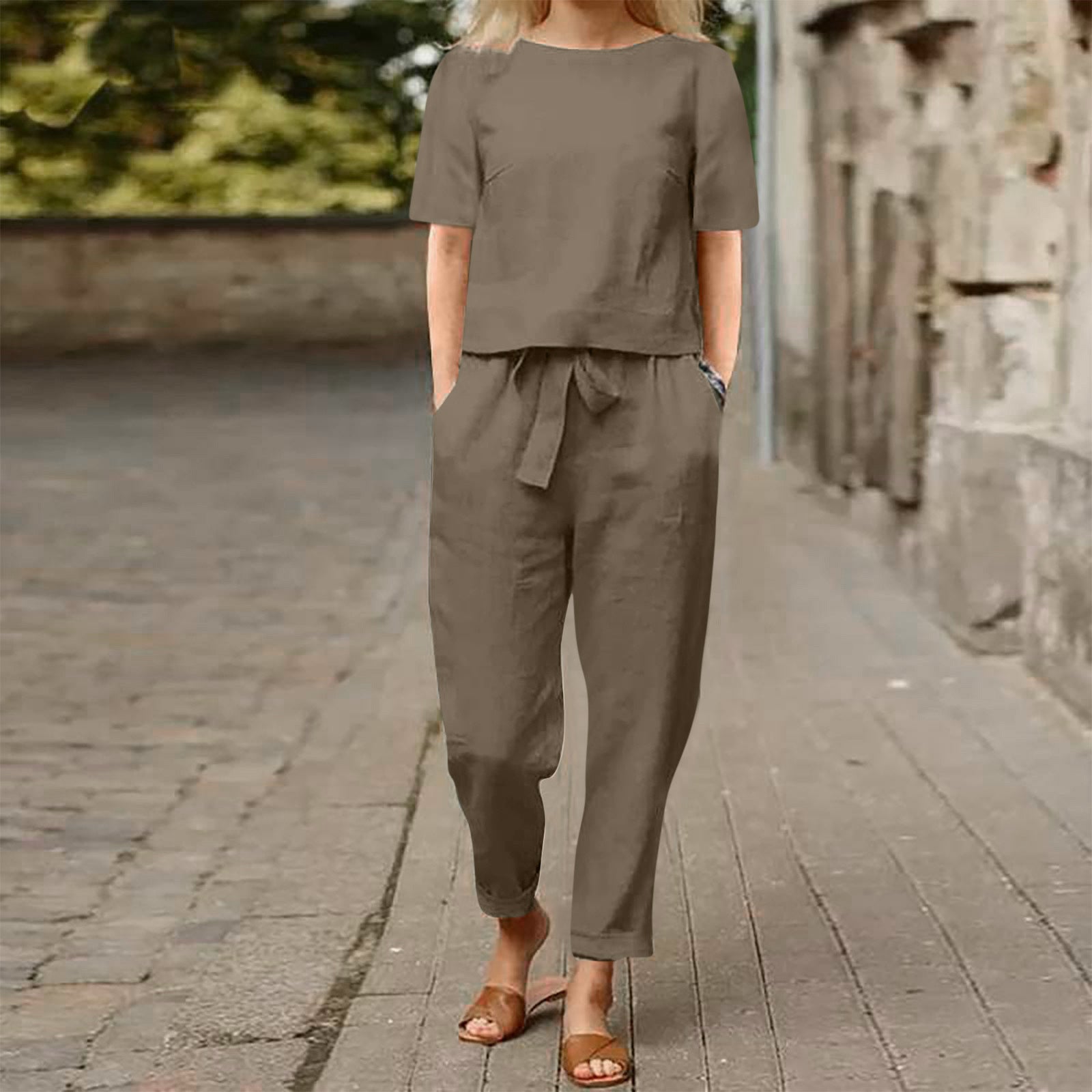 Women's Cotton Linen Top and Wide-Leg Pants Two-Piece Casual Set