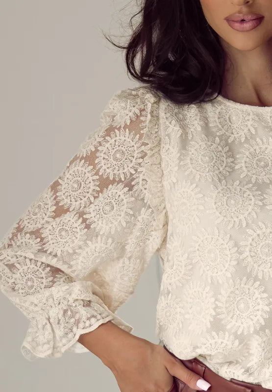 Sarah Express Women's Flower Jacquard Flounce Sleeve Blouse