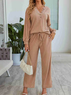 Sarah Express Women's Ribbed Knit Top and Pants Lounge Set with Button Detail Khaki