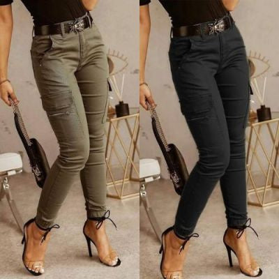 Women's Low Waist Cotton Blend Cargo Overalls Loose Fit Button Detail Trousers