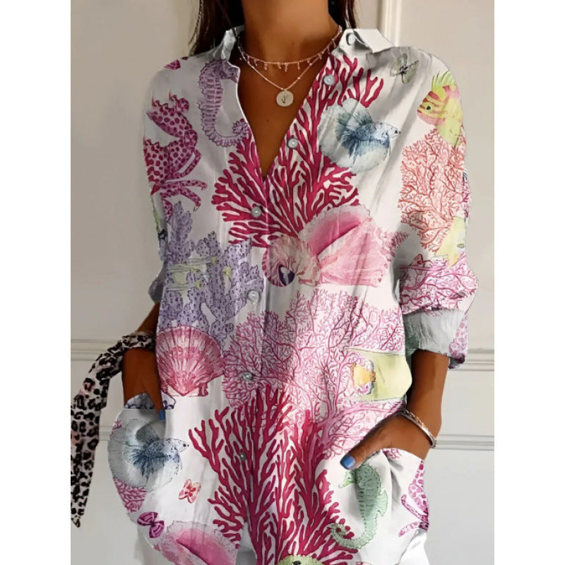Women's Floral Print Long Sleeve Button-Up Shirt Casual Spring Summer Fall Top