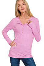 Sarah Express Women’s Ribbed Half Button Long Sleeve Top Casual