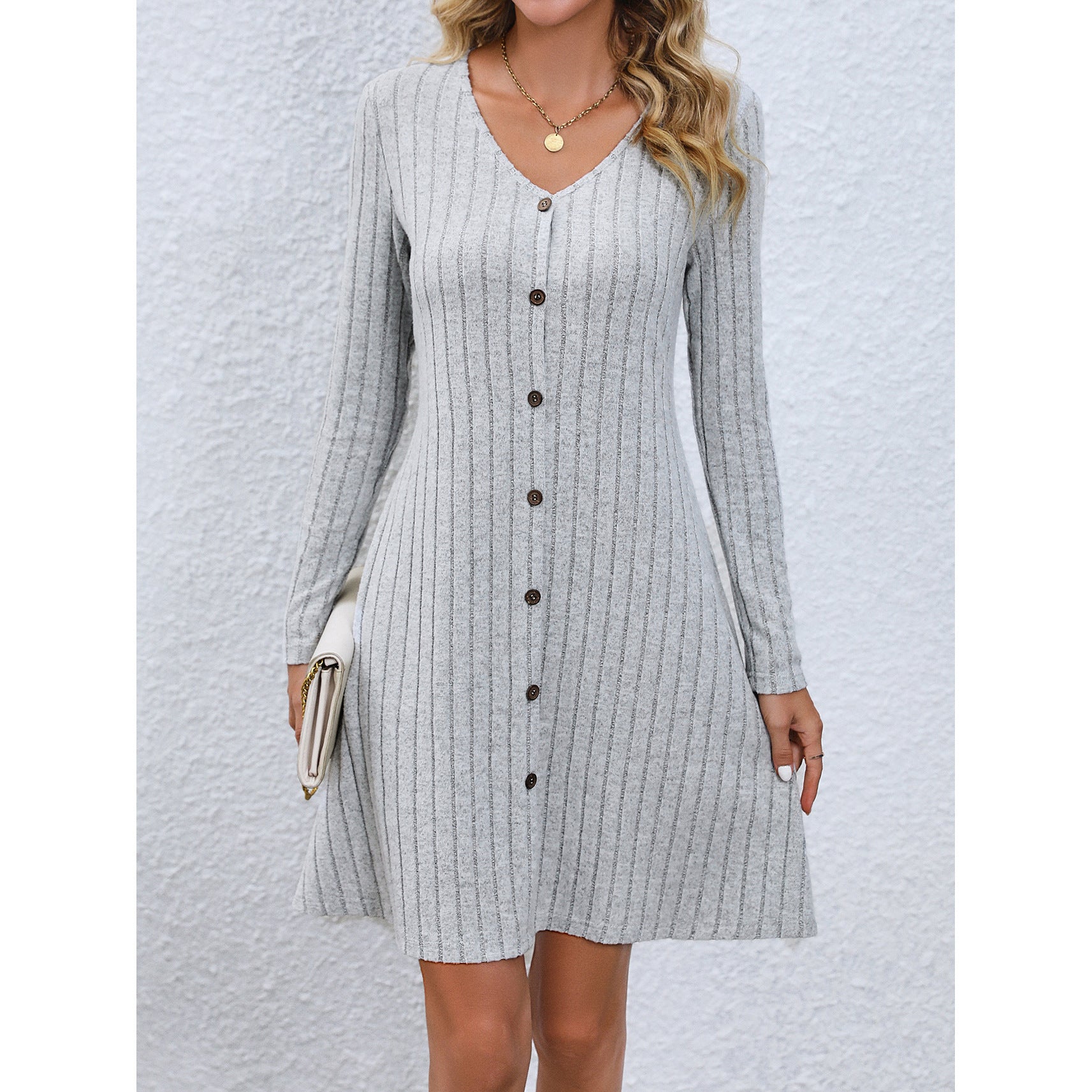 Button Waist Long Sleeve Dress Midi Length