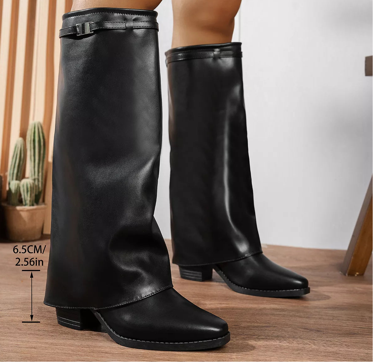 Sarah Express Women's Knee-High Block Heel Boots | Stable Block Heel | PU Leather | Black & Beige