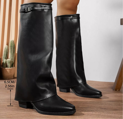 Sarah Express Women's Knee-High Block Heel Boots | Stable Block Heel | PU Leather | Black & Beige