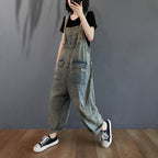 Ripped Denim Overalls Women Retro Light Wash Cotton Summer