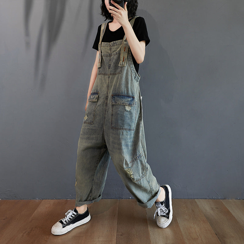 Ripped Denim Overalls Women Retro Light Wash Cotton Summer