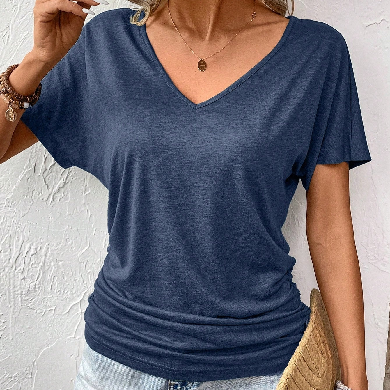 Women's V-Neck Ruched T-Shirt - Solid Color Short Sleeve Casual Knit Top