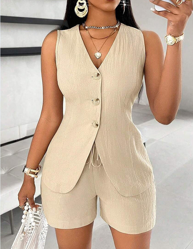 Cotton Linen Two-Piece Set Lace-Up Short Sleeve Top Shorts