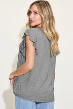 Sarah Express Women’s Plus Size Bamboo T-Shirt with Notched Neck and Ruffle Sleeves